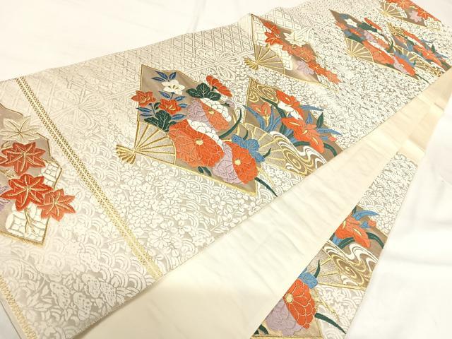 平和屋着物◎六通柄袋帯 唐織 扇面花文 金糸 正絹 逸品 AABI0861yx