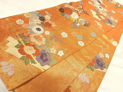 平和屋着物◎佐賀錦　六通柄袋帯　唐織　鴛鴦花文　金糸　正絹　逸品　AABI0867yx