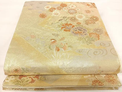 平和屋着物◎本佐賀錦 六通柄袋帯 九百錦 鴛鴦花文 金糸 正絹 逸品 AABI0870yx