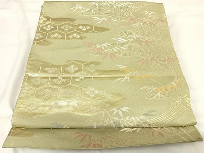 平和屋着物◎六通柄袋帯 流水笹の葉文 金糸 正絹 逸品 AABI0873yx