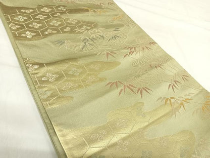 平和屋着物◎六通柄袋帯 流水笹の葉文 金糸 正絹 逸品 AABI0873yx