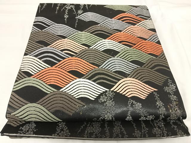 平和屋着物◎六通柄袋帯 唐織 立波文 黒地 金銀糸 正絹 逸品 AABI0876yx