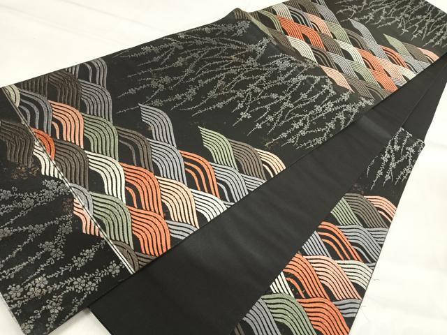平和屋着物◎六通柄袋帯 唐織 立波文 黒地 金銀糸 正絹 逸品 AABI0876yx