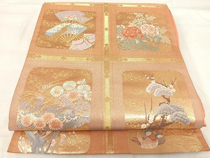 平和屋着物◎六通柄袋帯 唐織 格天色紙献上文 金糸 正絹 逸品 AABI0884yx