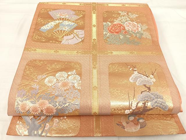 平和屋着物◎六通柄袋帯 唐織 格天色紙献上文 金糸 正絹 逸品 AABI0884yx