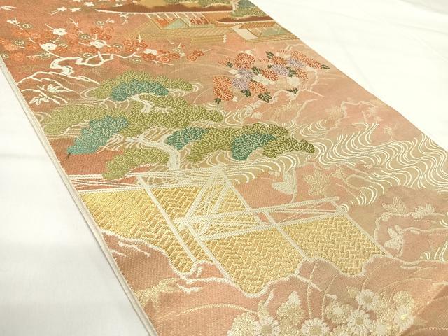 平和屋着物◎西陣　服部織物謹製　六通柄袋帯　唐織　こはく錦　特選手工芸　風景花文　金糸　三越扱い　正絹　逸品　AABI0887yx 平和屋着物◎西陣 服部織物謹製 六通柄袋帯 向かい鳥更紗花文 こはく錦