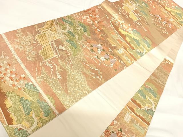 平和屋着物◎西陣　服部織物謹製　六通柄袋帯　唐織　こはく錦　特選手工芸　風景花文　金糸　三越扱い　正絹　逸品　AABI0887yx 平和屋着物◎西陣 服部織物謹製 六通柄袋帯 向かい鳥更紗花文 こはく錦