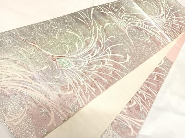 平和屋着物◎六通柄袋帯　唐織　飛鶴文　銀糸　正絹　逸品　AABI0889yx 平和屋着物◎六通柄袋帯 唐織 花鳥丸文 黒地 金銀糸 正絹 逸品