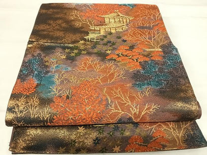 平和屋着物◎六通柄袋帯 唐織 風景文 金糸 正絹 逸品 AABI0892yx