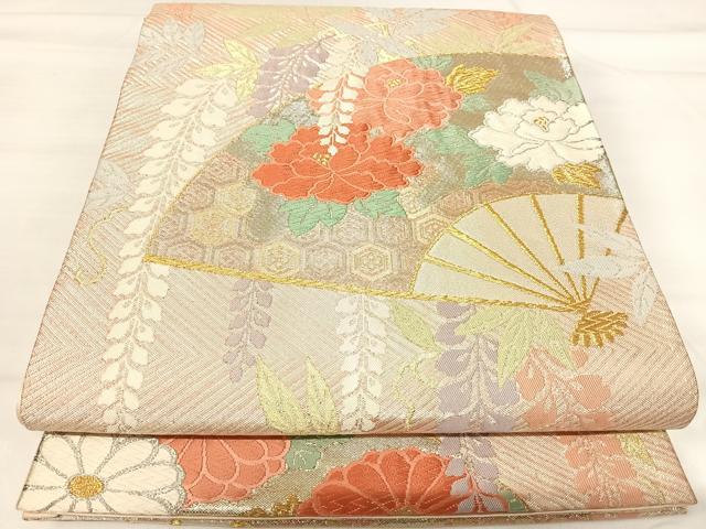 平和屋着物◎六通柄袋帯　唐織　扇面花文　金銀糸　正絹　逸品　AABI0893yx 平和屋着物◎六通柄袋帯 唐織 扇面花文 金銀糸 正絹 逸品
