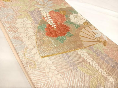 平和屋着物◎六通柄袋帯 唐織 扇面花文 金銀糸 正絹 逸品 AABI0893yx