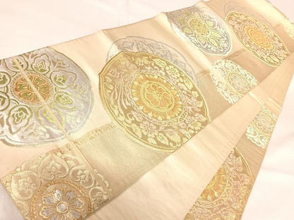 平和屋着物◎六通柄袋帯 花鳥丸文 金銀糸 正絹 逸品 AABI0898yx