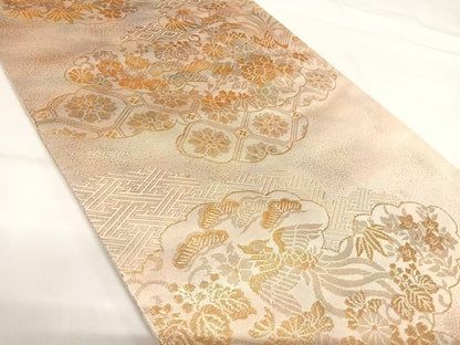平和屋着物◎六通柄袋帯 雲取り花文 金糸 正絹 逸品 AABI0902yx