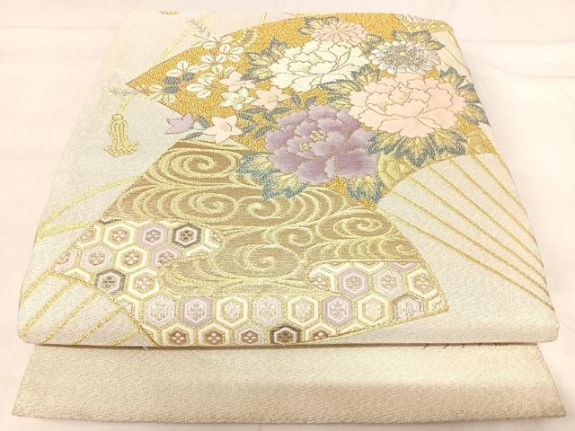 平和屋着物◎西陣 太鼓柄袋帯 明綴 扇面花文 プラチナ箔 正絹 逸品 AABI0905yx