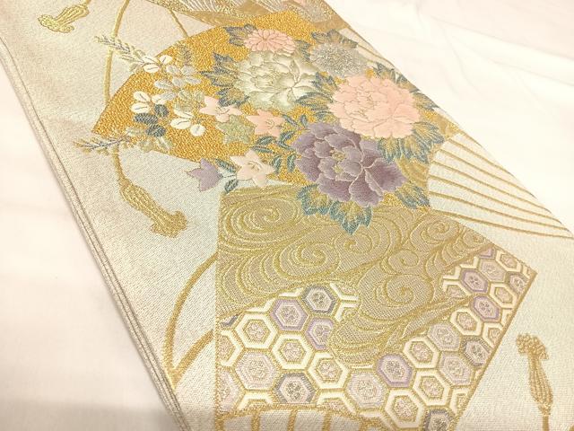平和屋着物◎西陣 太鼓柄袋帯 明綴 扇面花文 プラチナ箔 正絹 逸品 AABI0905yx
