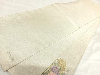 平和屋着物◎西陣 太鼓柄袋帯 明綴 扇面花文 プラチナ箔 正絹 逸品 AABI0905yx
