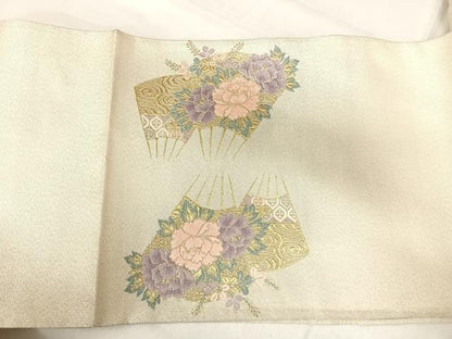 平和屋着物◎西陣 太鼓柄袋帯 明綴 扇面花文 プラチナ箔 正絹 逸品 AABI0905yx