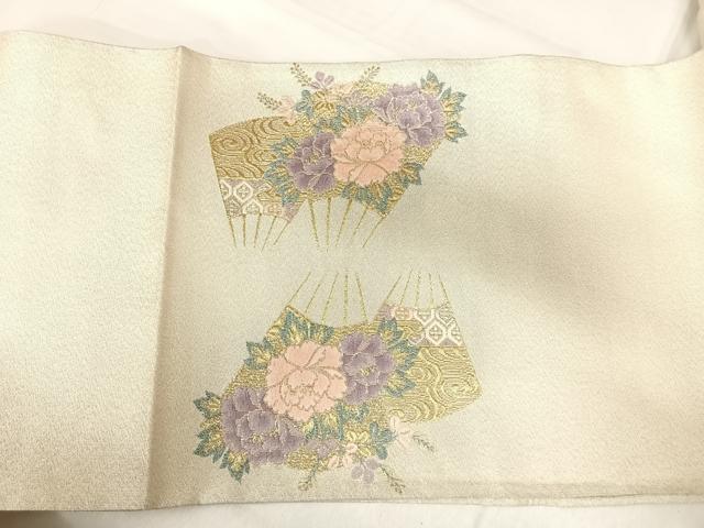 平和屋着物◎西陣 太鼓柄袋帯 明綴 扇面花文 プラチナ箔 正絹 逸品 AABI0905yx