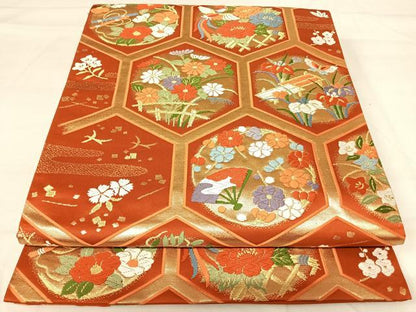 平和屋着物◎六通柄袋帯 唐織 亀甲能丸文 金糸 正絹 逸品 AABI0908yx