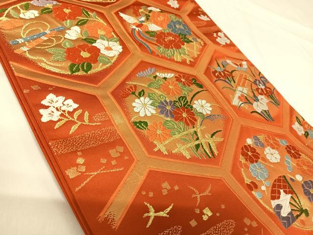 平和屋着物◎六通柄袋帯 唐織 亀甲能丸文 金糸 正絹 逸品 AABI0908yx