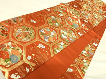 平和屋着物◎六通柄袋帯 唐織 亀甲能丸文 金糸 正絹 逸品 AABI0908yx