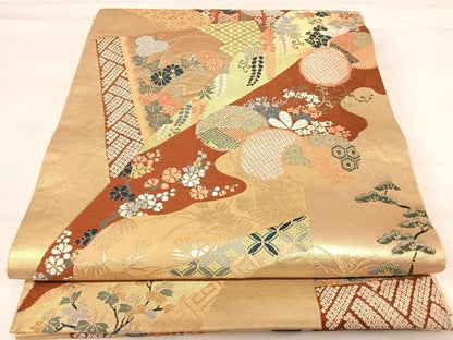 平和屋着物◎六通柄袋帯 唐織 桃山慶長の美 裂張能衣紋 金糸 正絹 逸品 AABI0912yx