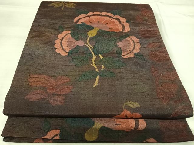 平和屋着物◎六通柄袋帯　紬地　草花文　正絹　逸品　AABI0918yx