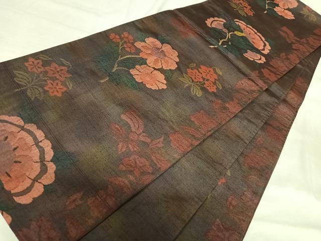 平和屋着物◎六通柄袋帯　紬地　草花文　正絹　逸品　AABI0918yx