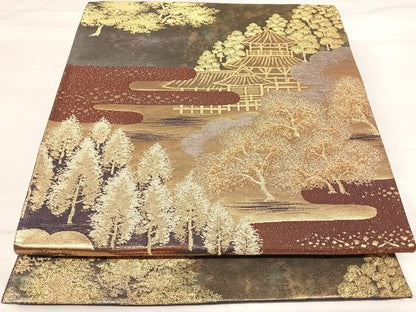 平和屋着物◎六通柄袋帯　爽映百景　金糸　正絹　逸品　AABI0919yx