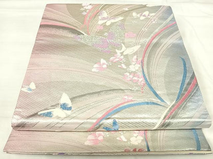 平和屋着物◎六通柄袋帯　唐織　花蝶文　銀糸　正絹　逸品　AABI0920yx