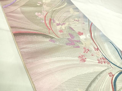 平和屋着物◎六通柄袋帯　唐織　花蝶文　銀糸　正絹　逸品　AABI0920yx