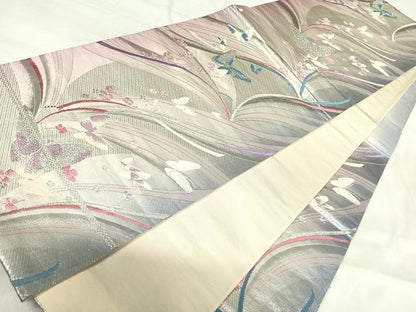 平和屋着物◎六通柄袋帯　唐織　花蝶文　銀糸　正絹　逸品　AABI0920yx
