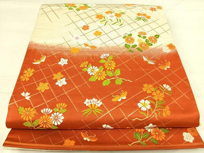 平和屋着物◎六通柄袋帯　唐織　花蝶文　金糸　正絹　逸品　AABI0921yx