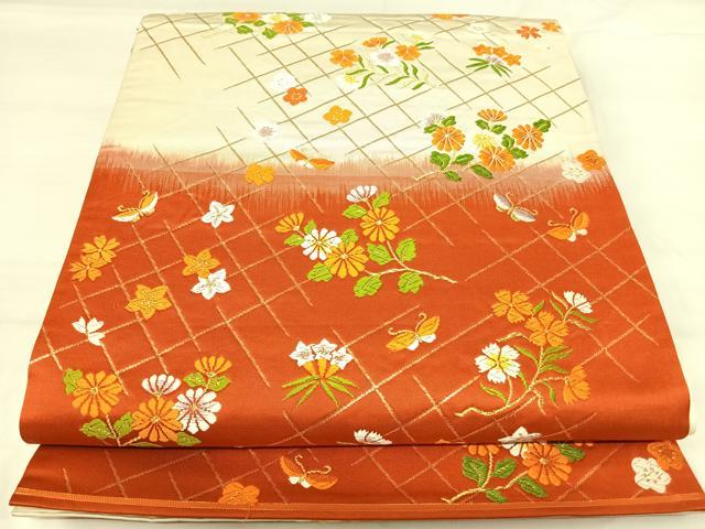 平和屋着物◎六通柄袋帯　唐織　花蝶文　金糸　正絹　逸品　AABI0921yx