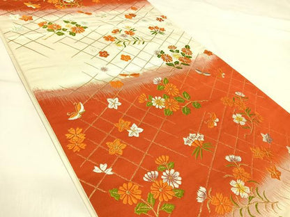 平和屋着物◎六通柄袋帯　唐織　花蝶文　金糸　正絹　逸品　AABI0921yx