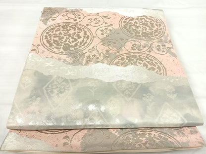 平和屋着物◎西陣　服部織物謹製　六通柄袋帯　こはく錦　手工芸　花唐草文　銀糸　正絹　逸品　AABI0922yx