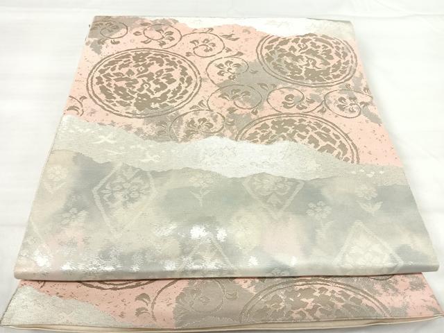 平和屋着物◎西陣　服部織物謹製　六通柄袋帯　こはく錦　手工芸　花唐草文　銀糸　正絹　逸品　AABI0922yx