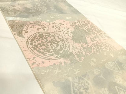 平和屋着物◎西陣　服部織物謹製　六通柄袋帯　こはく錦　手工芸　花唐草文　銀糸　正絹　逸品　AABI0922yx