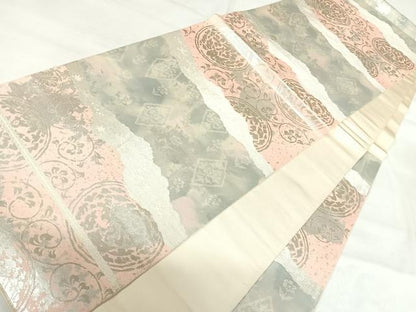 平和屋着物◎西陣　服部織物謹製　六通柄袋帯　こはく錦　手工芸　花唐草文　銀糸　正絹　逸品　AABI0922yx