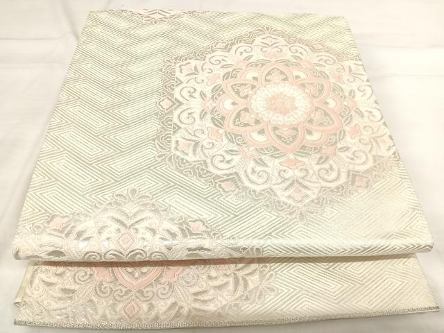 平和屋着物◎六通柄袋帯 唐織 亀甲花文 銀糸 正絹 逸品 AABI0926yx