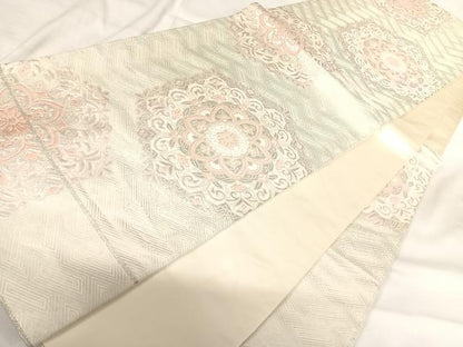 平和屋着物◎六通柄袋帯 唐織 亀甲花文 銀糸 正絹 逸品 AABI0926yx