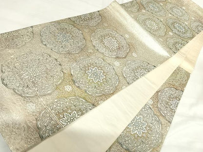 平和屋着物◎六通柄袋帯　鏡裏花文　銀糸　正絹　逸品　AABI0928yx