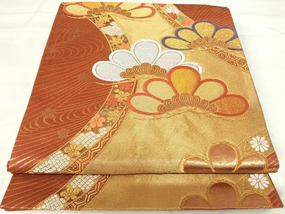 平和屋着物◎六通柄袋帯　唐織　流水花文　金銀糸　正絹　逸品　AABI0929yx