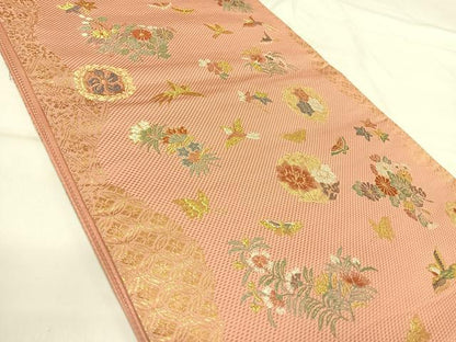 平和屋着物◎六通柄袋帯　唐織　いちらく錦　花鳥文　金糸　正絹　逸品　AABI0930yx
