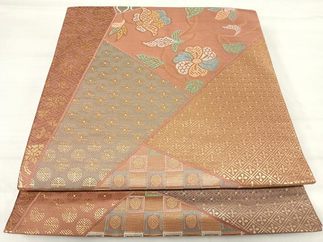 平和屋着物◎六通柄袋帯　唐織　織文類裂形文様　金糸　正絹　逸品　AABI0933yx