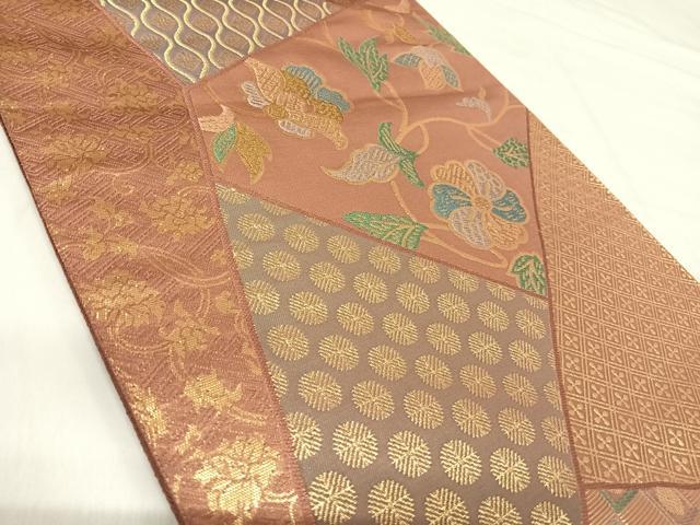 平和屋着物◎六通柄袋帯　唐織　織文類裂形文様　金糸　正絹　逸品　AABI0933yx