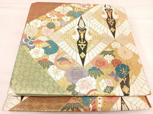 平和屋着物◎六通柄袋帯　唐織　双鶴花文　金糸　正絹　逸品　AABI0950yx