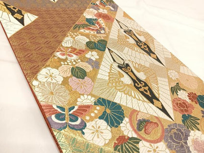平和屋着物◎六通柄袋帯　唐織　双鶴花文　金糸　正絹　逸品　AABI0950yx