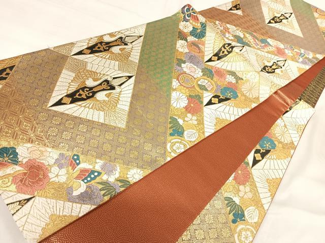 平和屋着物◎六通柄袋帯　唐織　双鶴花文　金糸　正絹　逸品　AABI0950yx