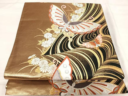 平和屋着物◎全通柄袋帯 唐織 花蝶文 金銀糸 正絹 逸品 AABI0965yx